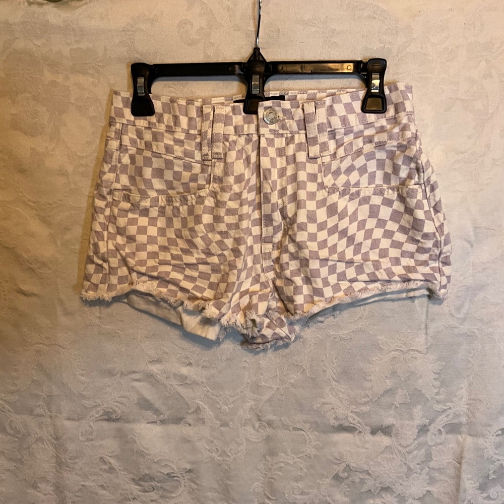 Aeropostale Womens 4R High Rise Distressed Checkerboard Denim Shorty Mini Shorts